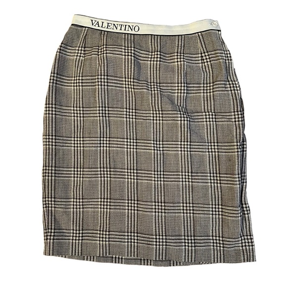 Valentino Miss V Pencil Skirt Plaid Prince de Galles with Logo Waistband Size 12 - Picture 1 of 4